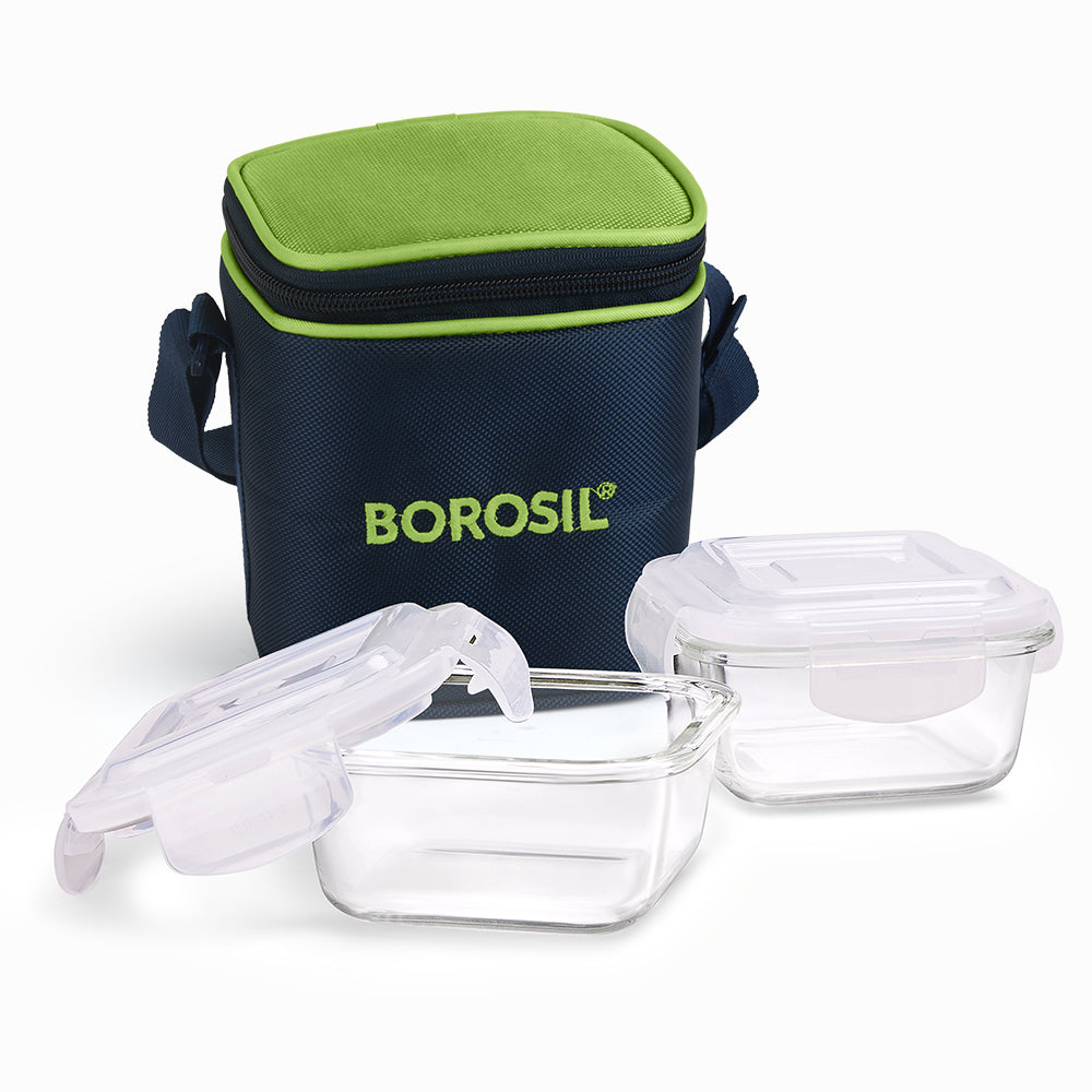 My Borosil Glass Lunchboxes Set of 2, 320ml Alfa Green Glass Lunch Box, Square x 2 (Tall)