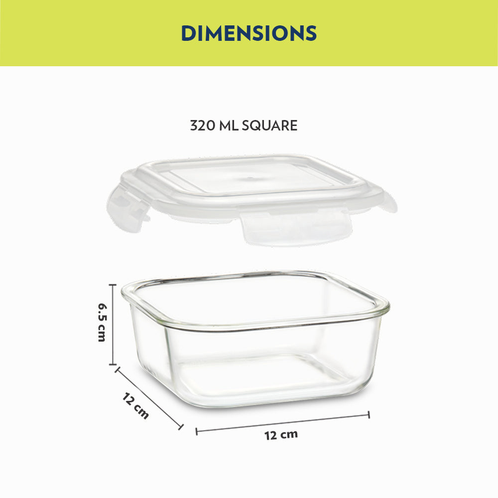 My Borosil Glass Lunchboxes Set of 2, 320ml Alfa Green Glass Lunch Box, Square x 2 (Tall)