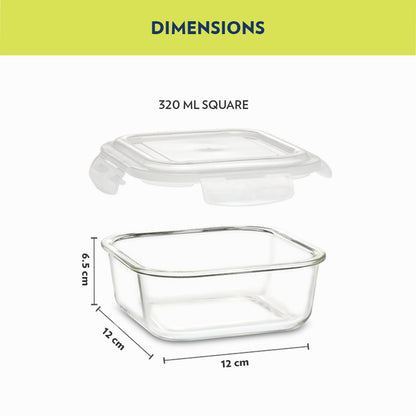 My Borosil Glass Lunchboxes Set of 2, 320ml Alfa Green Glass Lunch Box, Square x 2 (Tall)