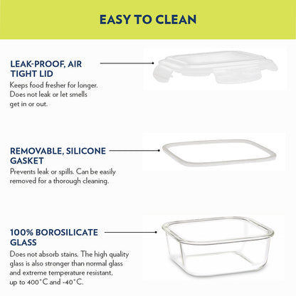 My Borosil Glass Lunchboxes Set of 2, 320ml Alfa Green Glass Lunch Box, Square x 2 (Tall)