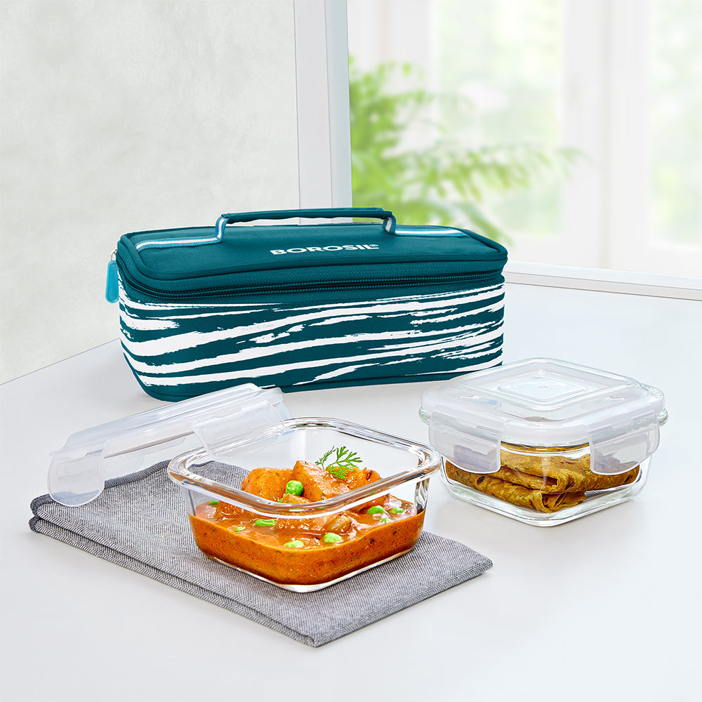 My Borosil Glass Lunchboxes Set of 2, 320ml Steller Glass Lunch Box, Square x 2 (Flat)