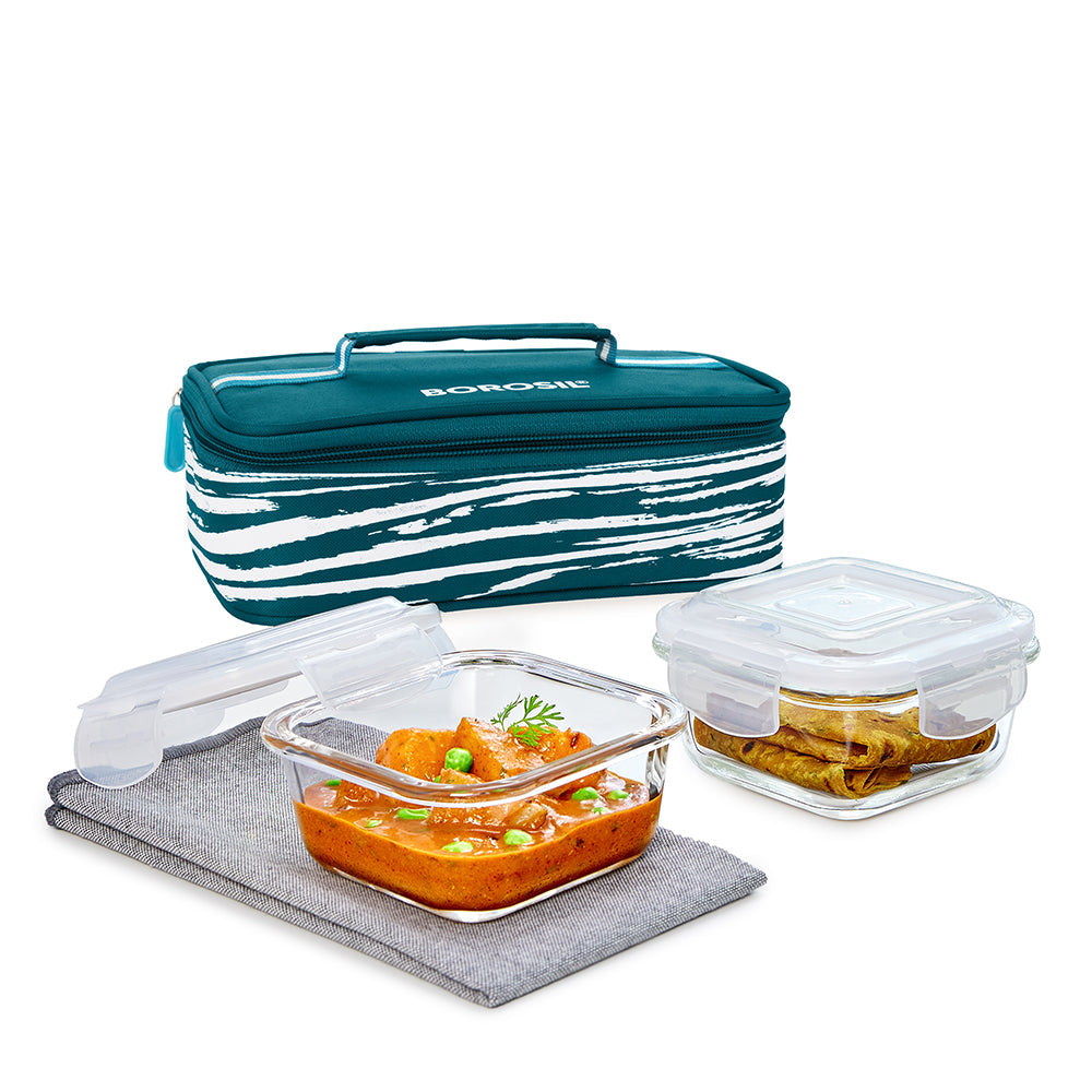 My Borosil Glass Lunchboxes Set of 2, 320ml Steller Glass Lunch Box, Square x 2 (Flat)