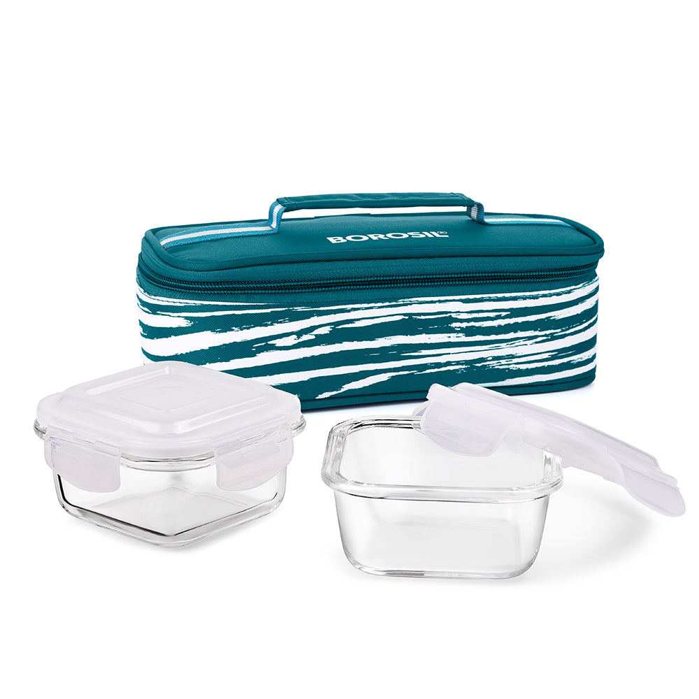 My Borosil Glass Lunchboxes Set of 2, 320ml Steller Glass Lunch Box, Square x 2 (Flat)