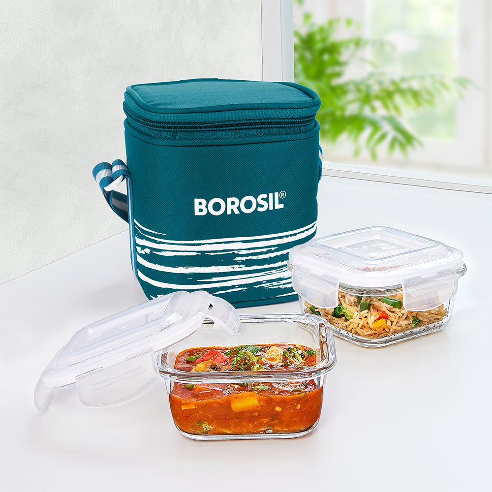 My Borosil Glass Lunchboxes Set of 2, 320ml Steller Glass Lunch Box, Square x 2 (Tall)