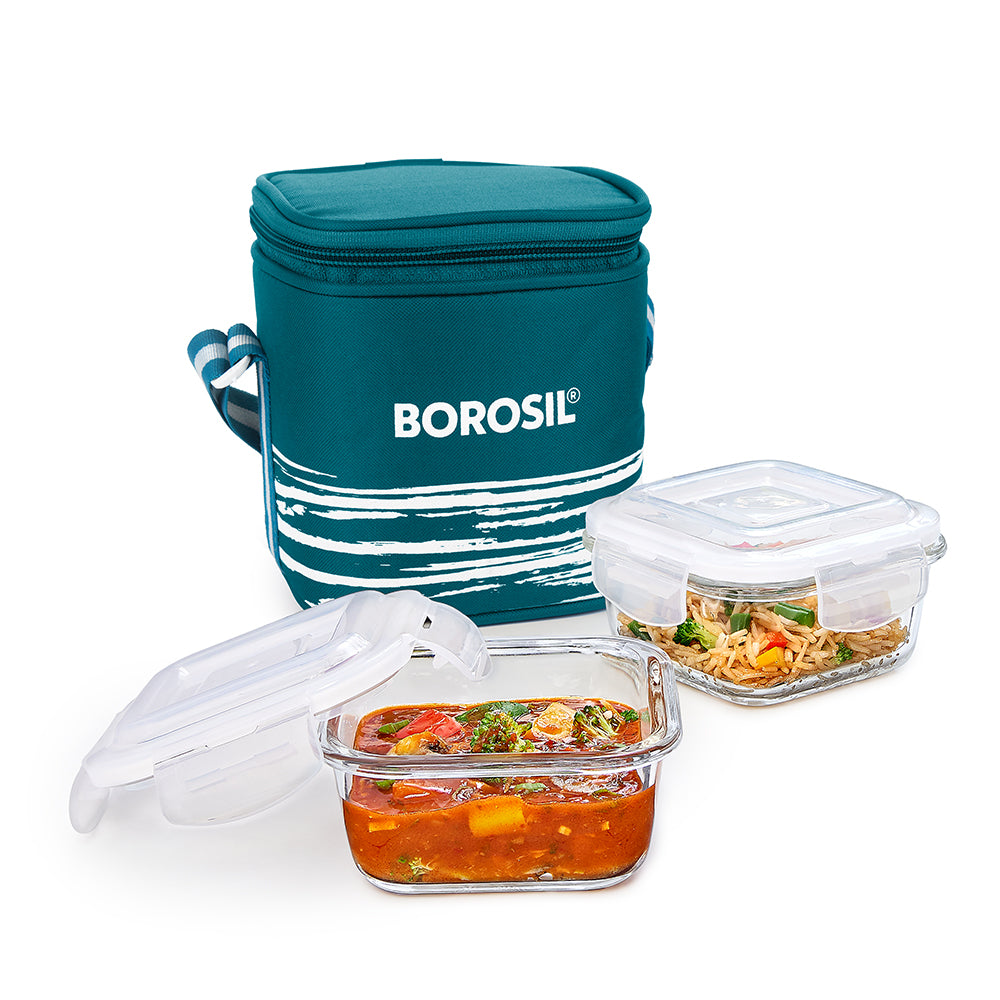 My Borosil Glass Lunchboxes Set of 2, 320ml Steller Glass Lunch Box, Square x 2 (Tall)