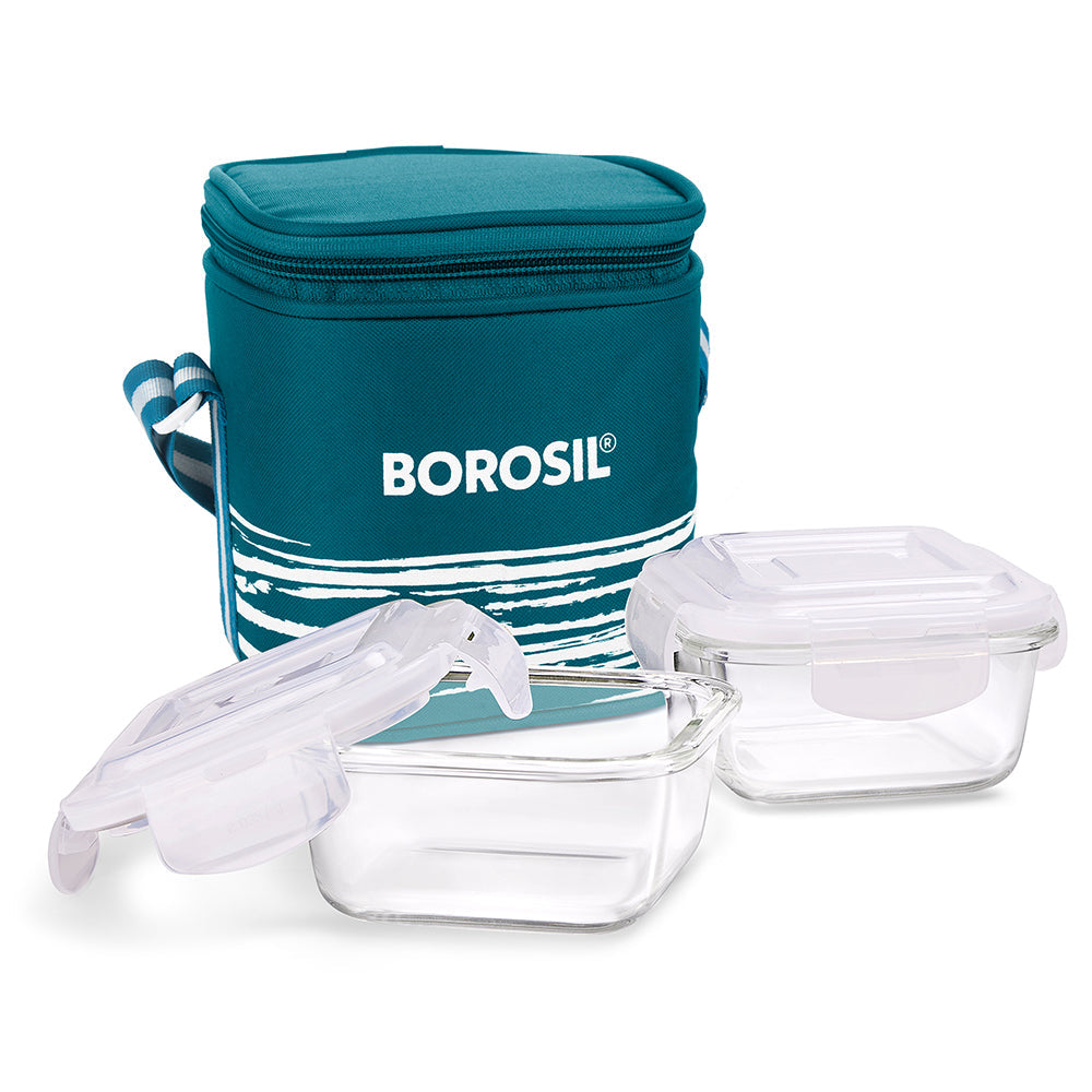 My Borosil Glass Lunchboxes Set of 2, 320ml Steller Glass Lunch Box, Square x 2 (Tall)