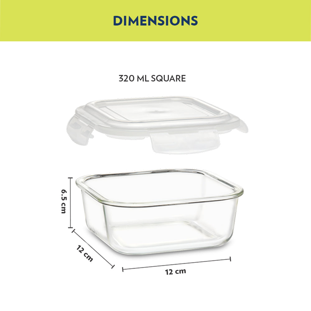 My Borosil Glass Lunchboxes Set of 2, 320ml Steller Glass Lunch Box, Square x 2 (Tall)