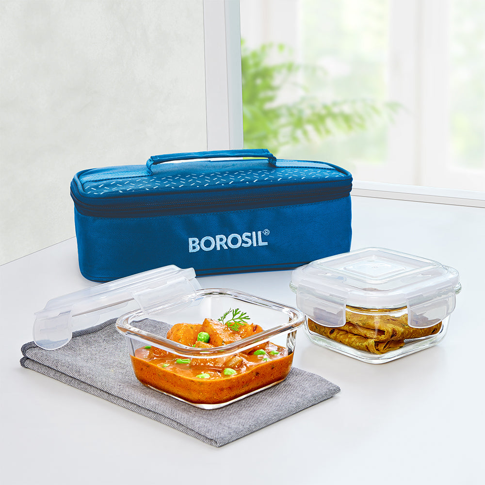 My Borosil Glass Lunchboxes Set of 2, 320ml Teal Glass Lunch Box, Square x 2 (Tall)