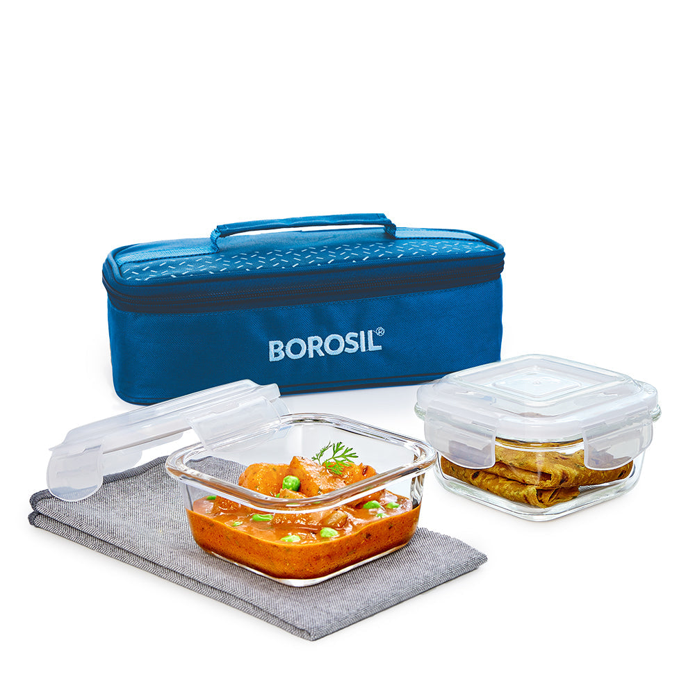 My Borosil Glass Lunchboxes Set of 2, 320ml Teal Glass Lunch Box, Square x 2 (Tall)