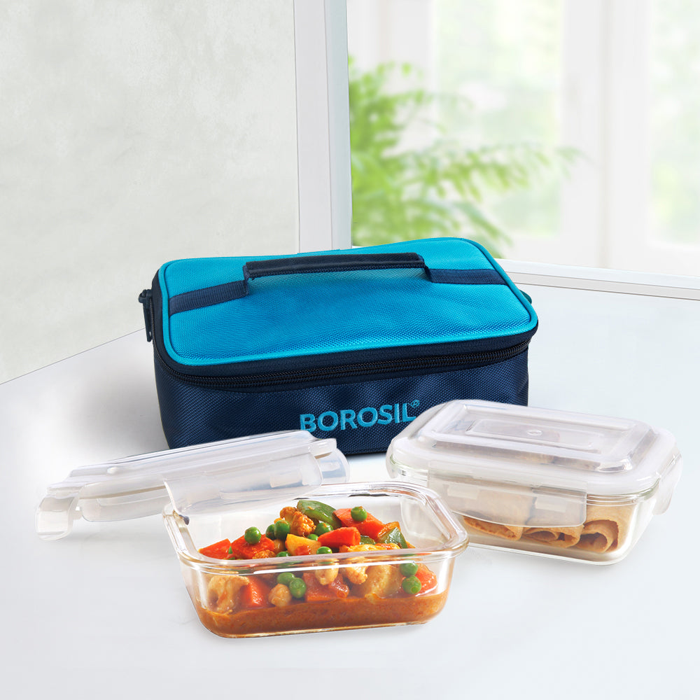 My Borosil Glass Lunchboxes Set of 2, 370ml Alfa Blue Glass Lunch Box, Rectangle x 2 (Flat)