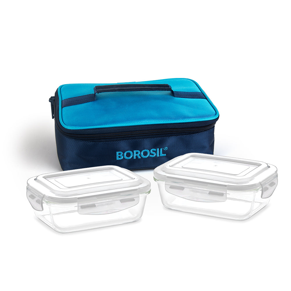 My Borosil Glass Lunchboxes Set of 2, 370ml Alfa Blue Glass Lunch Box, Rectangle x 2 (Flat)