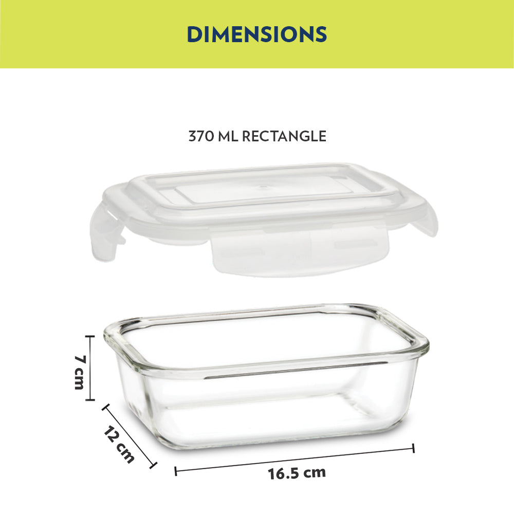 My Borosil Glass Lunchboxes Set of 2, 370ml Alfa Blue Glass Lunch Box, Rectangle x 2 (Flat)