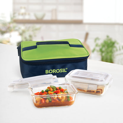 My Borosil Glass Lunchboxes Set of 2, 370ml Alfa Green Glass Lunch Box, Rectangle x 2 (Flat)