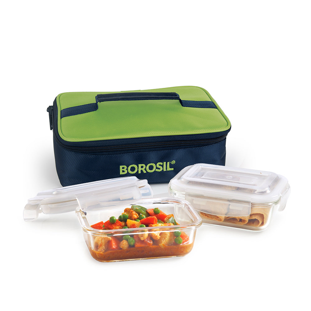 My Borosil Glass Lunchboxes Set of 2, 370ml Alfa Green Glass Lunch Box, Rectangle x 2 (Flat)