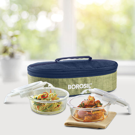 My Borosil Glass Lunchboxes Set of 2, 400ml Ace Green Glass Lunch Box, Round x 2 (Flat)