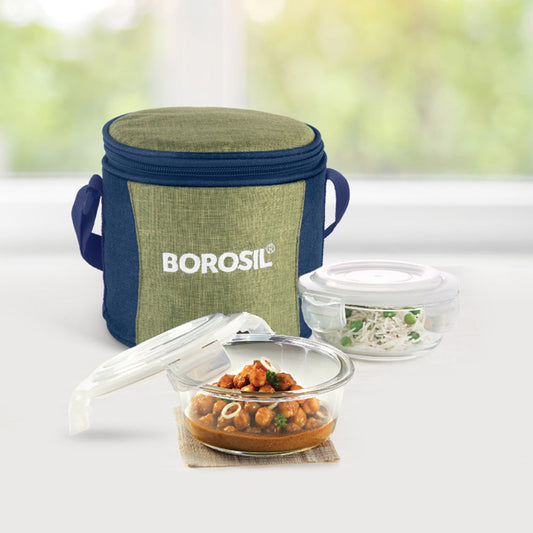 My Borosil Glass Lunchboxes Set of 2, 400ml Ace Green Glass Lunch Box, Round x 2 (Tall)
