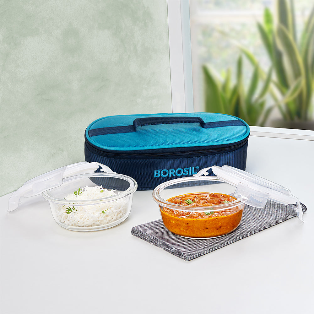 Alfa Blue Glass Lunch Box, Round x 2 (Flat), Set of 2, 400ml