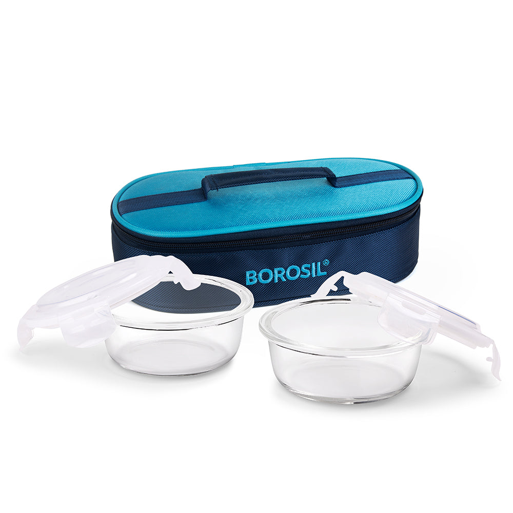 My Borosil Glass Lunchboxes Set of 2, 400ml Alfa Blue Glass Lunch Box, Round x 2 (Flat)