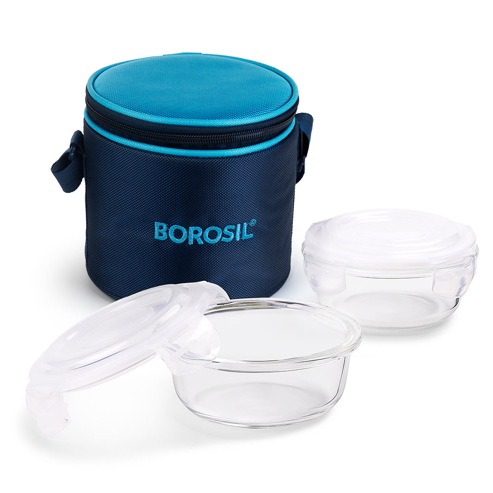 My Borosil Glass Lunchboxes Set of 2, 400ml Alfa Blue Glass Lunch Box, Round x 2 (Tall)