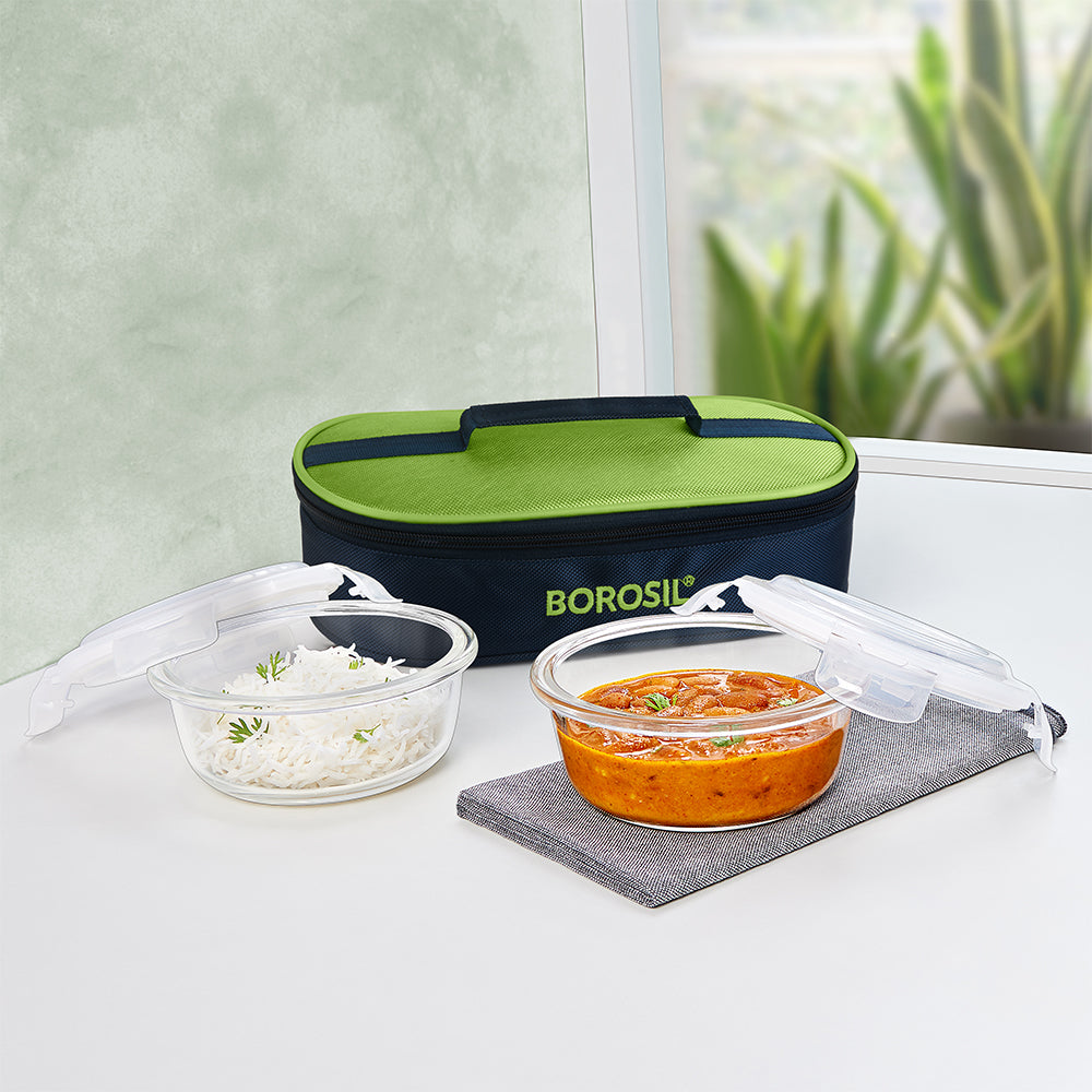 Alfa Green Glass Lunch Box, Round x 2 (Flat), Set of 2, 400ml