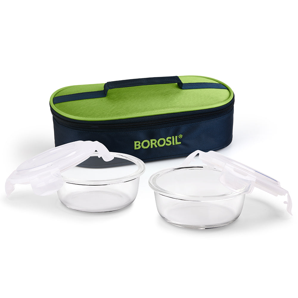 My Borosil Glass Lunchboxes Set of 2, 400ml Alfa Green Glass Lunch Box, Round x 2 (Flat)