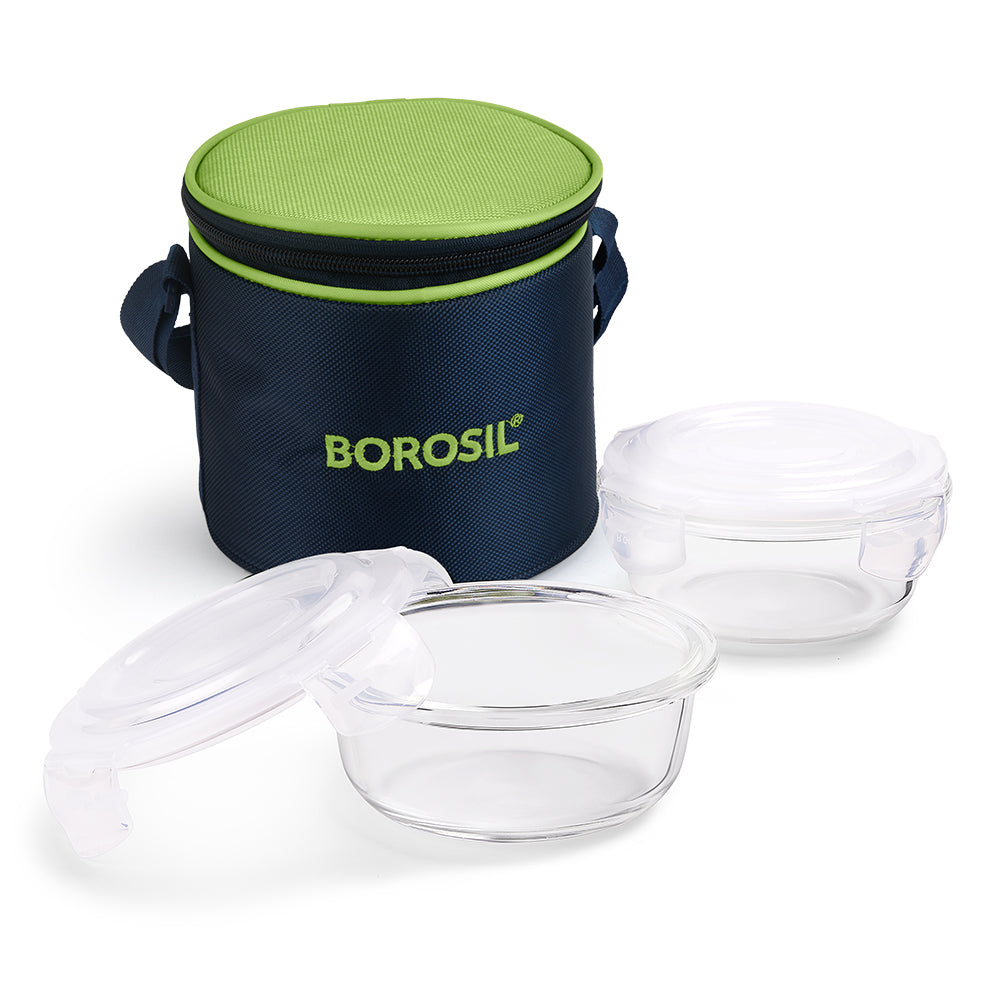 My Borosil Glass Lunchboxes Set of 2, 400ml Alfa Green Glass Lunch Box, Round x 2 (Tall)