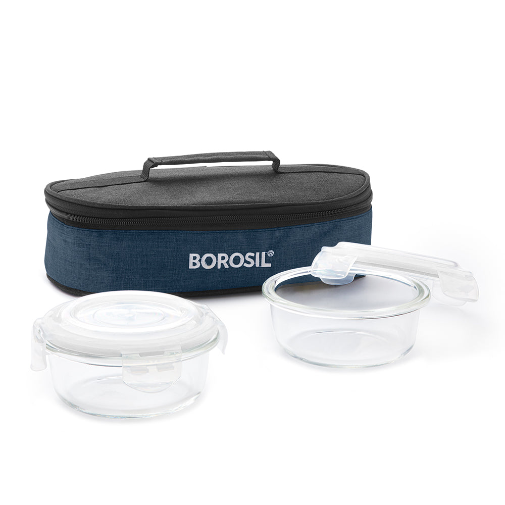 My Borosil Glass Lunchboxes Set of 2, 400ml Elite Blue Grey Glass Lunch Box, Round x 2 (Flat)