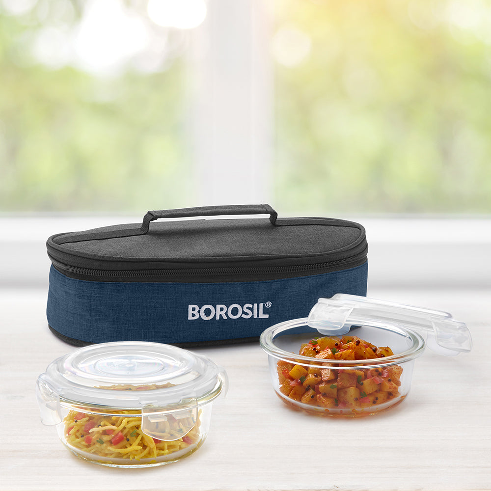 My Borosil Glass Lunchboxes Set of 2, 400ml Elite Blue Grey Glass Lunch Box, Round x 2 (Flat)