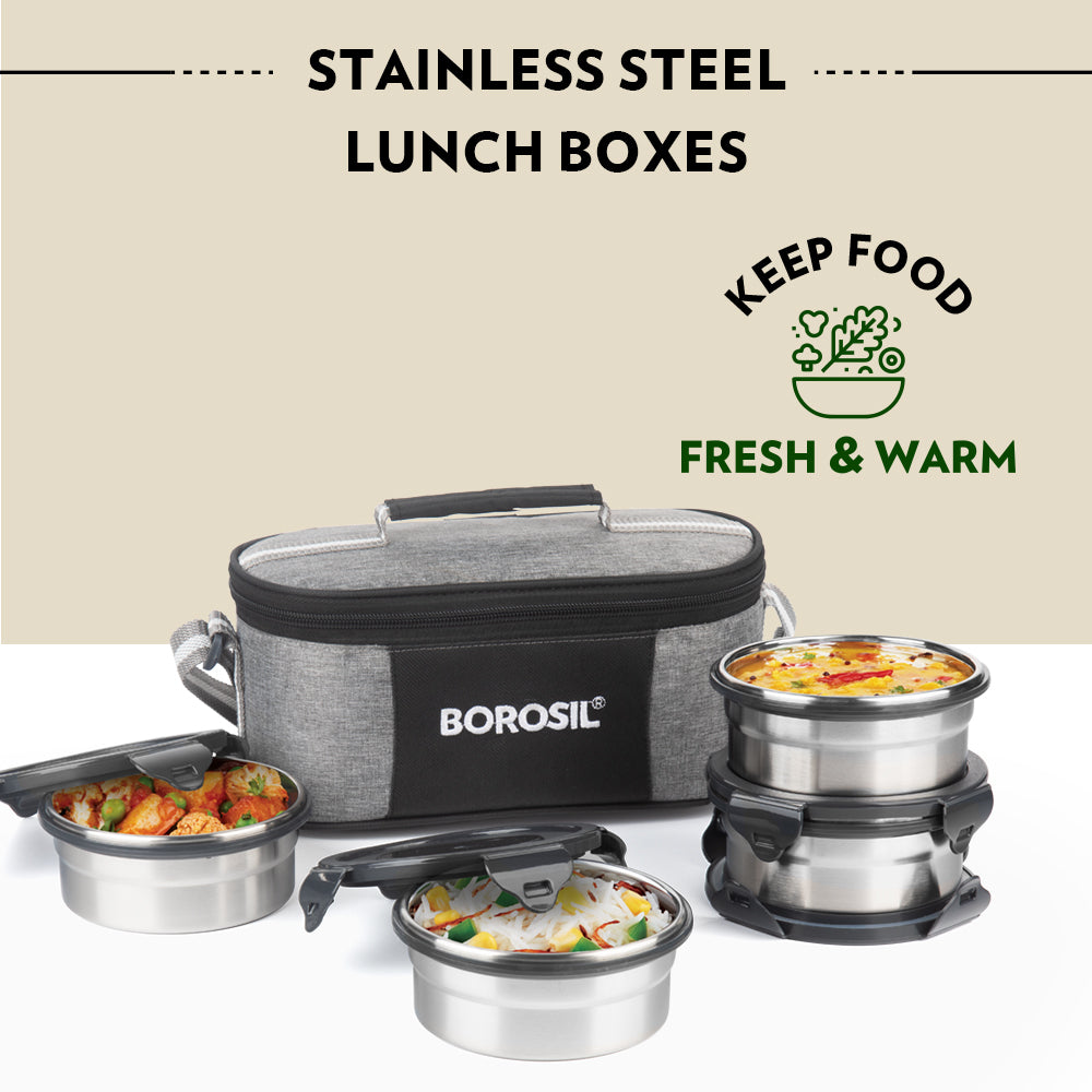 My Borosil Glass Lunchboxes Set of 2, 400ml Feast Stainless Steel Lunch Box, Round x 2