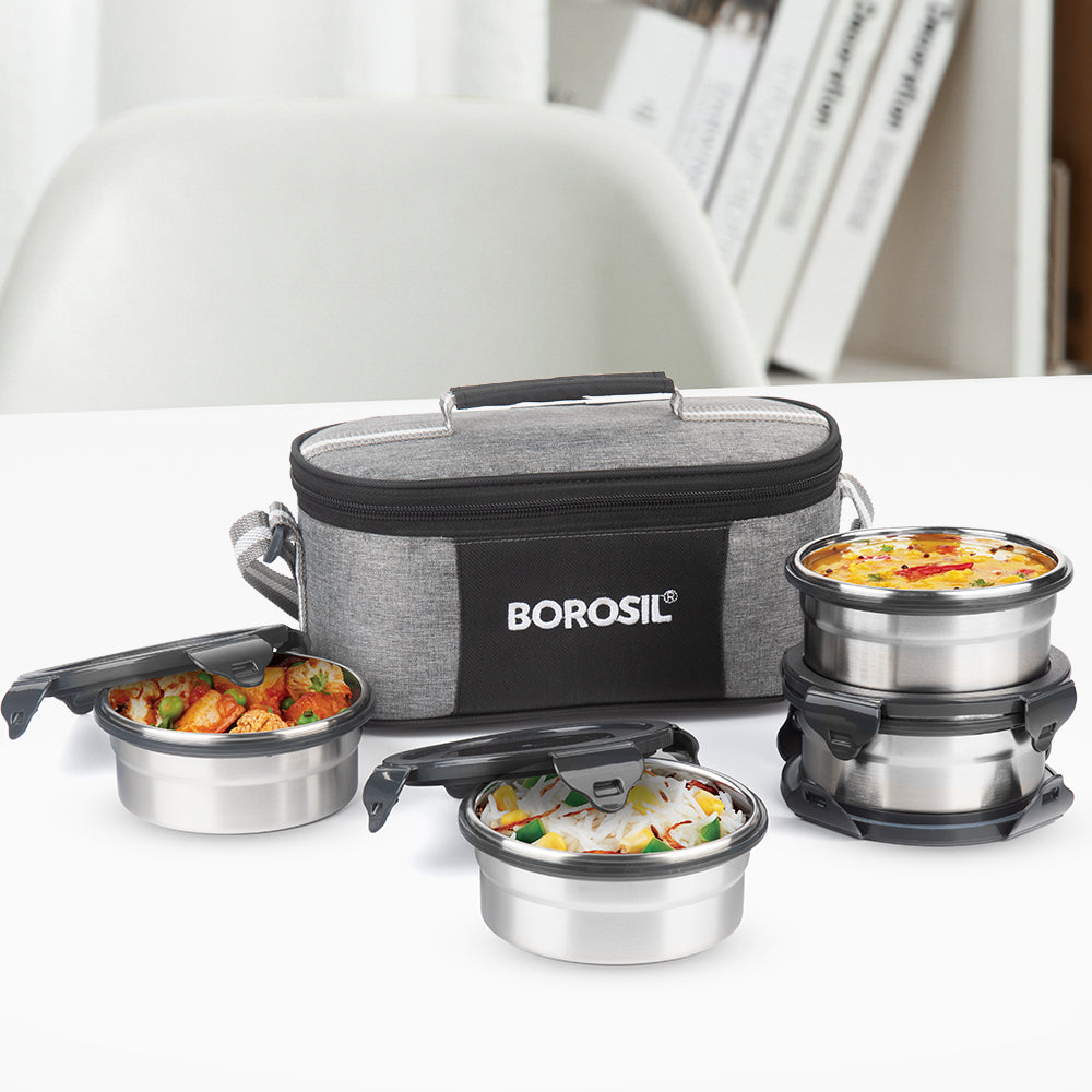 My Borosil Glass Lunchboxes Set of 2, 400ml Feast Stainless Steel Lunch Box, Round x 2