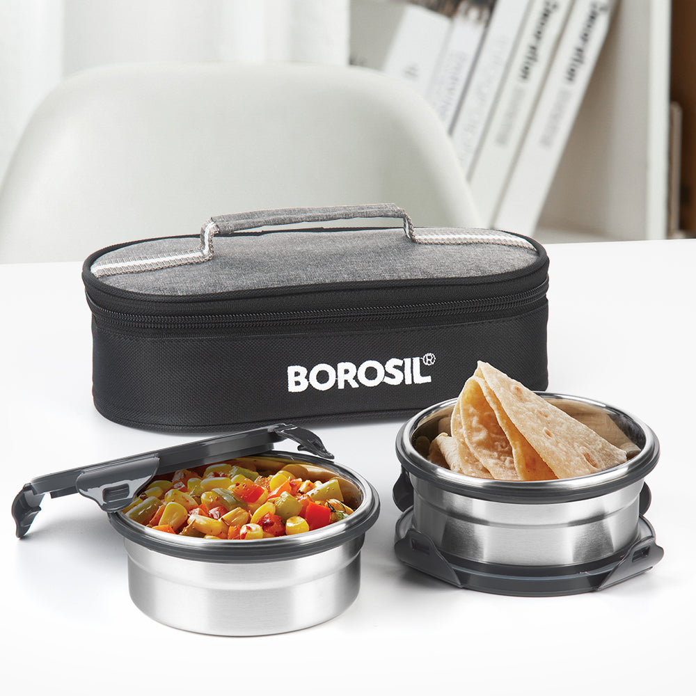 My Borosil Glass Lunchboxes Set of 2, 400ml Feast Stainless Steel Lunch Box, Round x 2 (Flat)