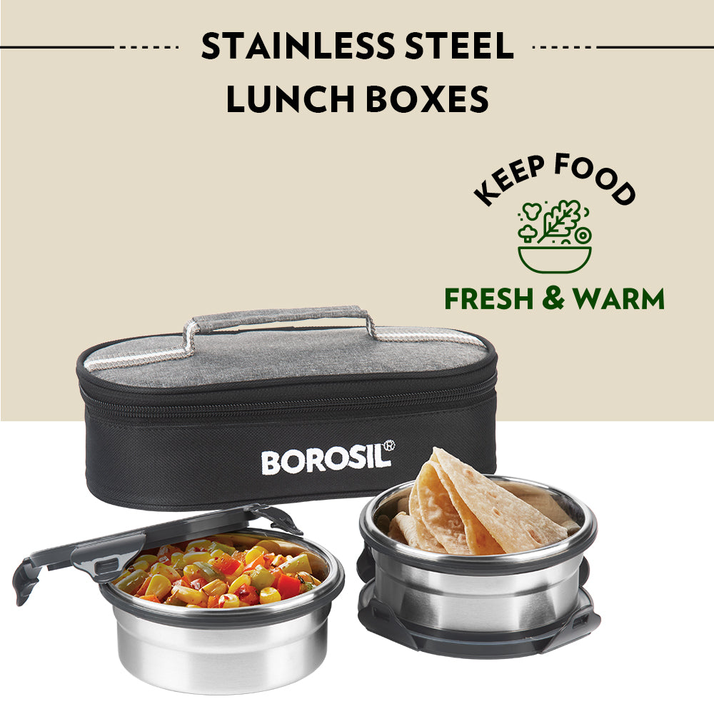 My Borosil Glass Lunchboxes Set of 2, 400ml Feast Stainless Steel Lunch Box, Round x 2 (Flat)