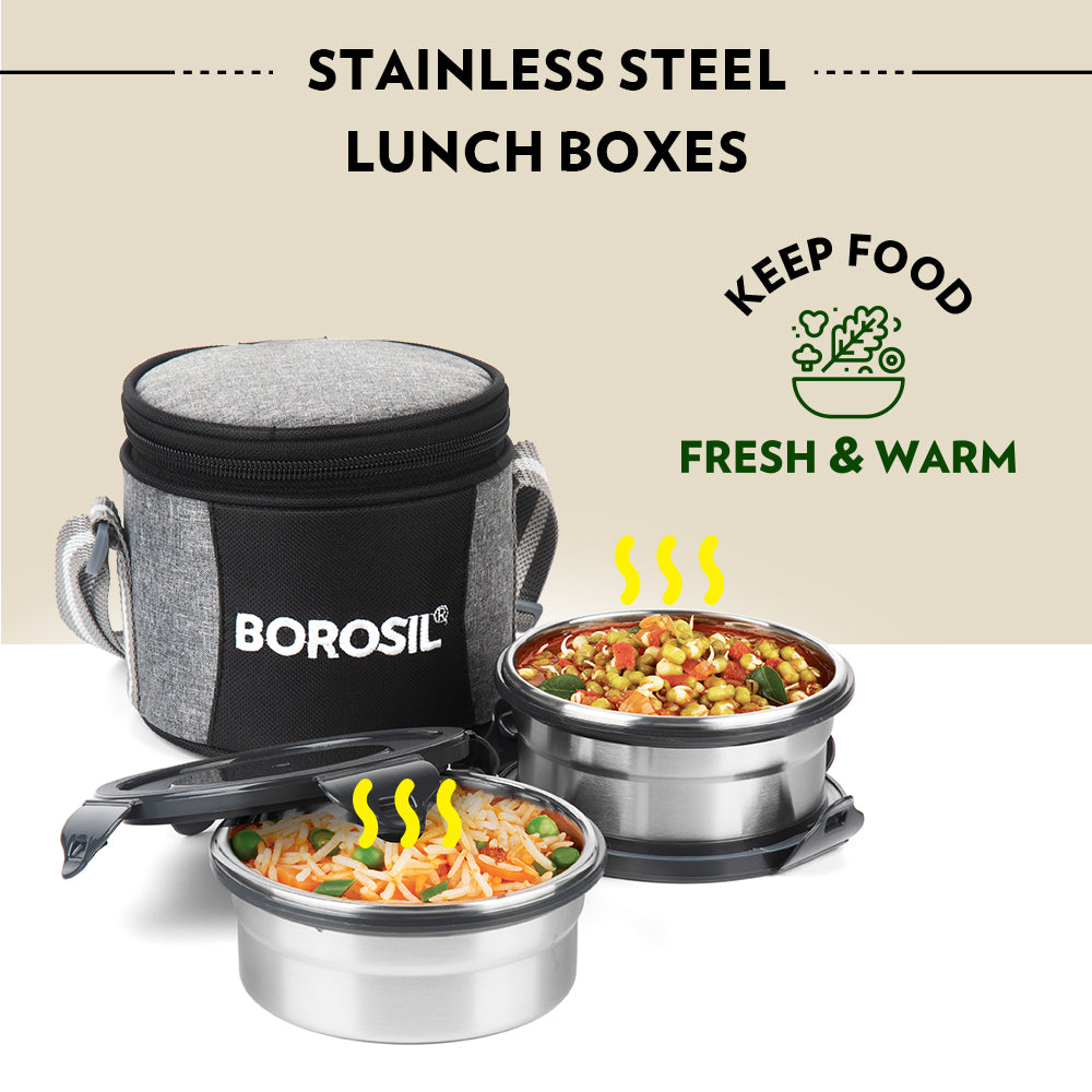 My Borosil Glass Lunchboxes Set of 2, 400ml Feast Stainless Steel Lunch Box, Round x 2 (Tall)