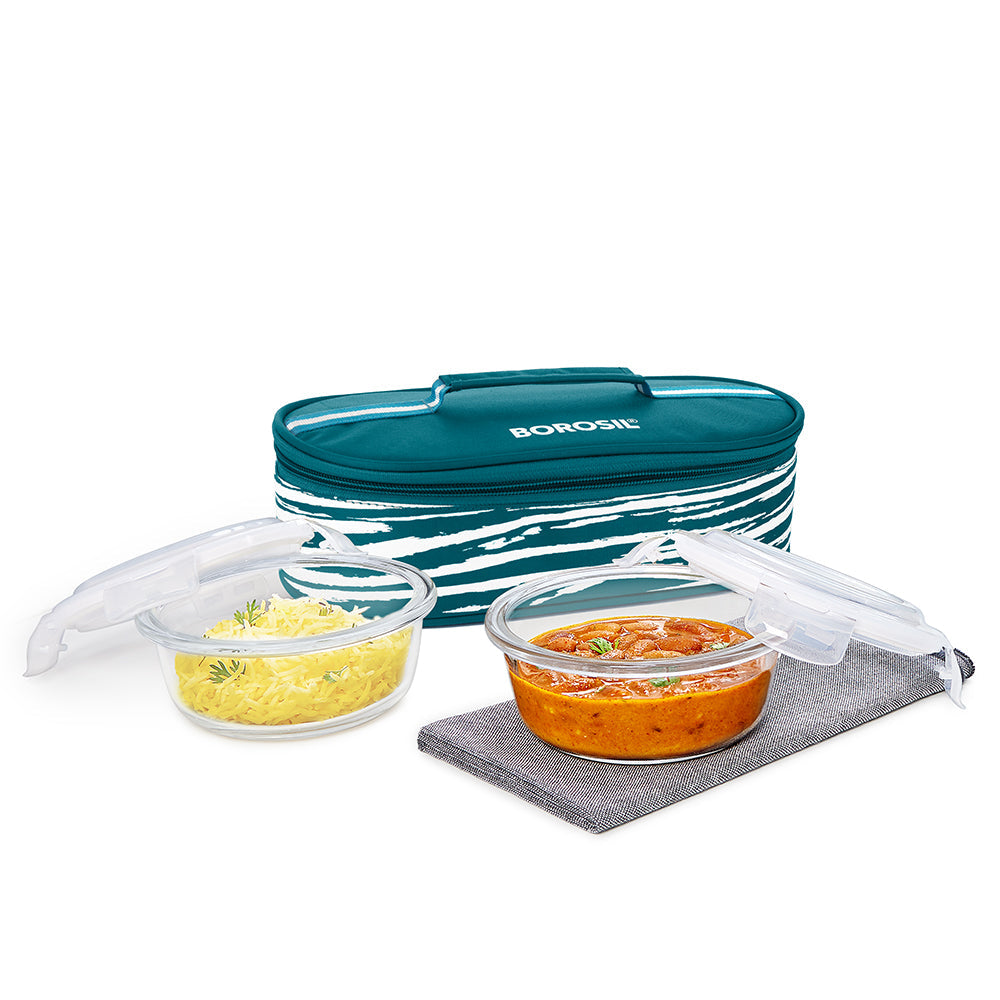 My Borosil Glass Lunchboxes Set of 2, 400ml Steller Glass Lunch Box, Round x 2 (Flat)