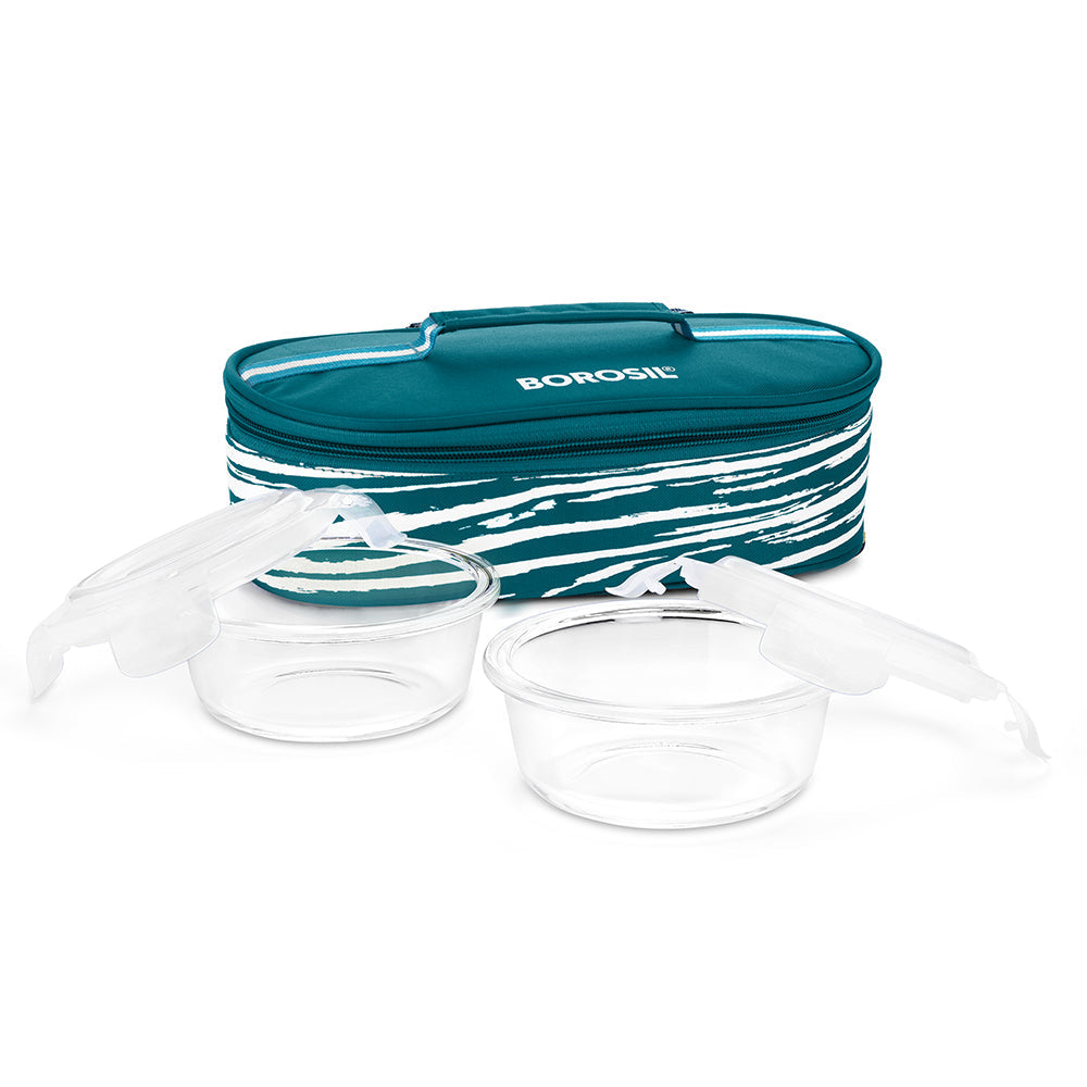 My Borosil Glass Lunchboxes Set of 2, 400ml Steller Glass Lunch Box, Round x 2 (Flat)