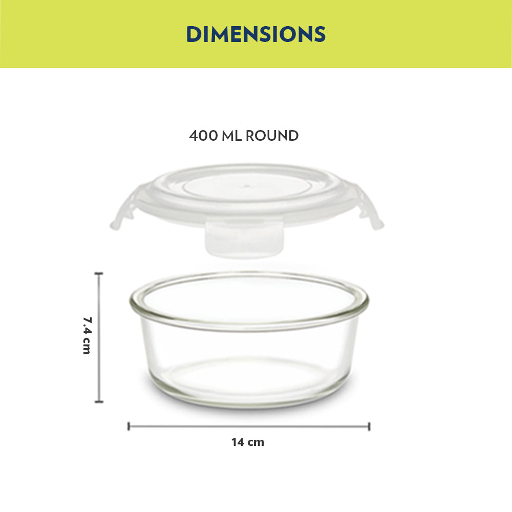 My Borosil Glass Lunchboxes Set of 2, 400ml Steller Glass Lunch Box, Round x 2 (Flat)