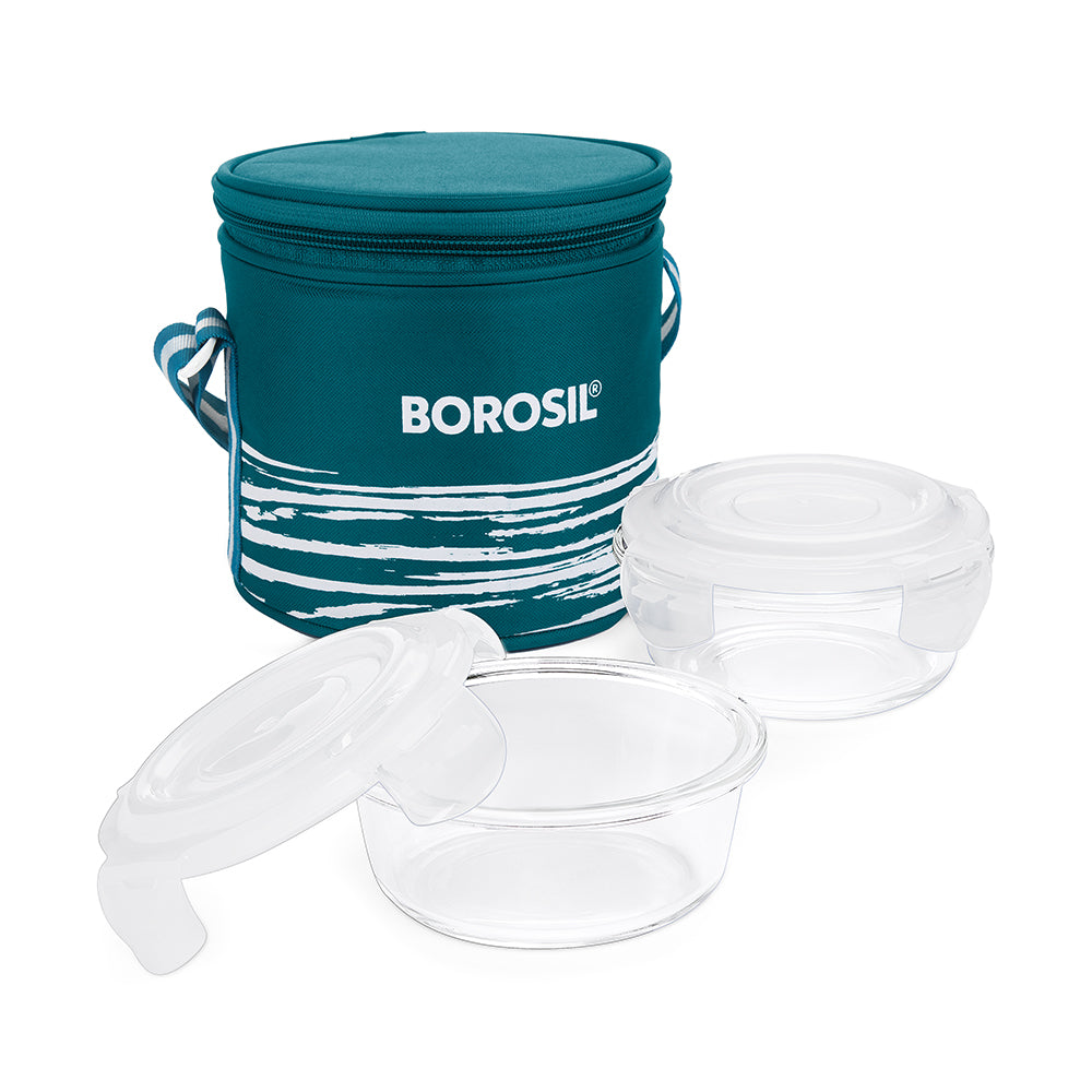 My Borosil Glass Lunchboxes Set of 2, 400ml Steller Glass Lunch Box, Round x 2 (Tall)