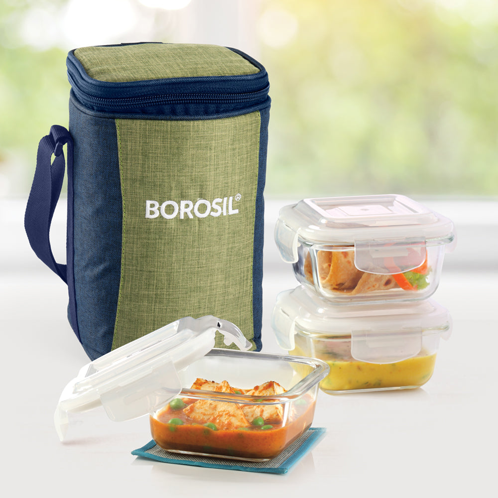 My Borosil Glass Lunchboxes Set of 3, 320ml Ace Green Glass Lunch Box, Square x 3 (Tall)