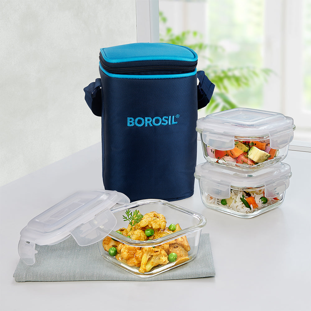 My Borosil Glass Lunchboxes Set of 3, 320ml Alfa Blue Glass Lunch Box, Square x 3 (Tall)