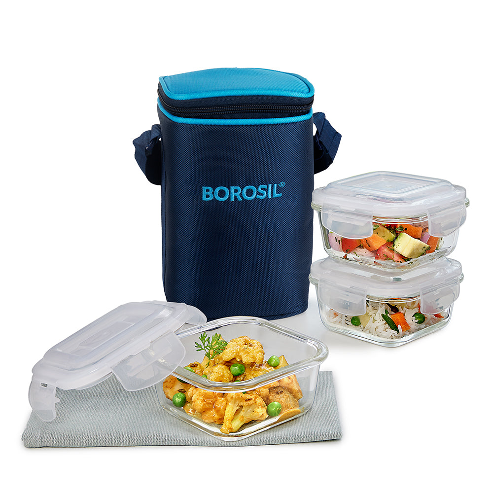 My Borosil Glass Lunchboxes Set of 3, 320ml Alfa Blue Glass Lunch Box, Square x 3 (Tall)