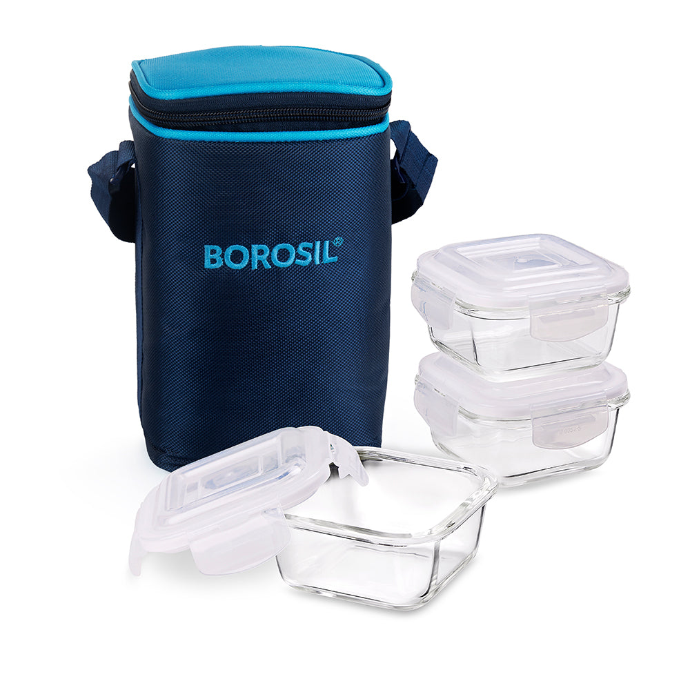 My Borosil Glass Lunchboxes Set of 3, 320ml Alfa Blue Glass Lunch Box, Square x 3 (Tall)