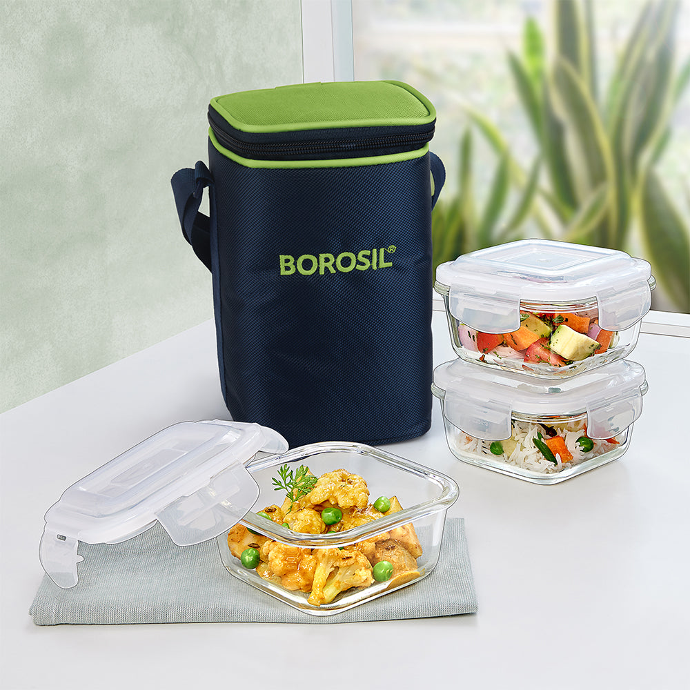 My Borosil Glass Lunchboxes Set of 3, 320ml Alfa Green Glass Lunch Box, Square x 3 (Tall)