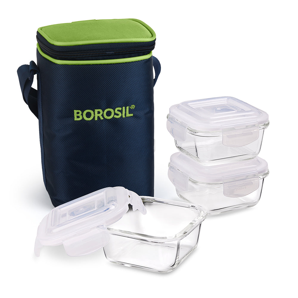 My Borosil Glass Lunchboxes Set of 3, 320ml Alfa Green Glass Lunch Box, Square x 3 (Tall)