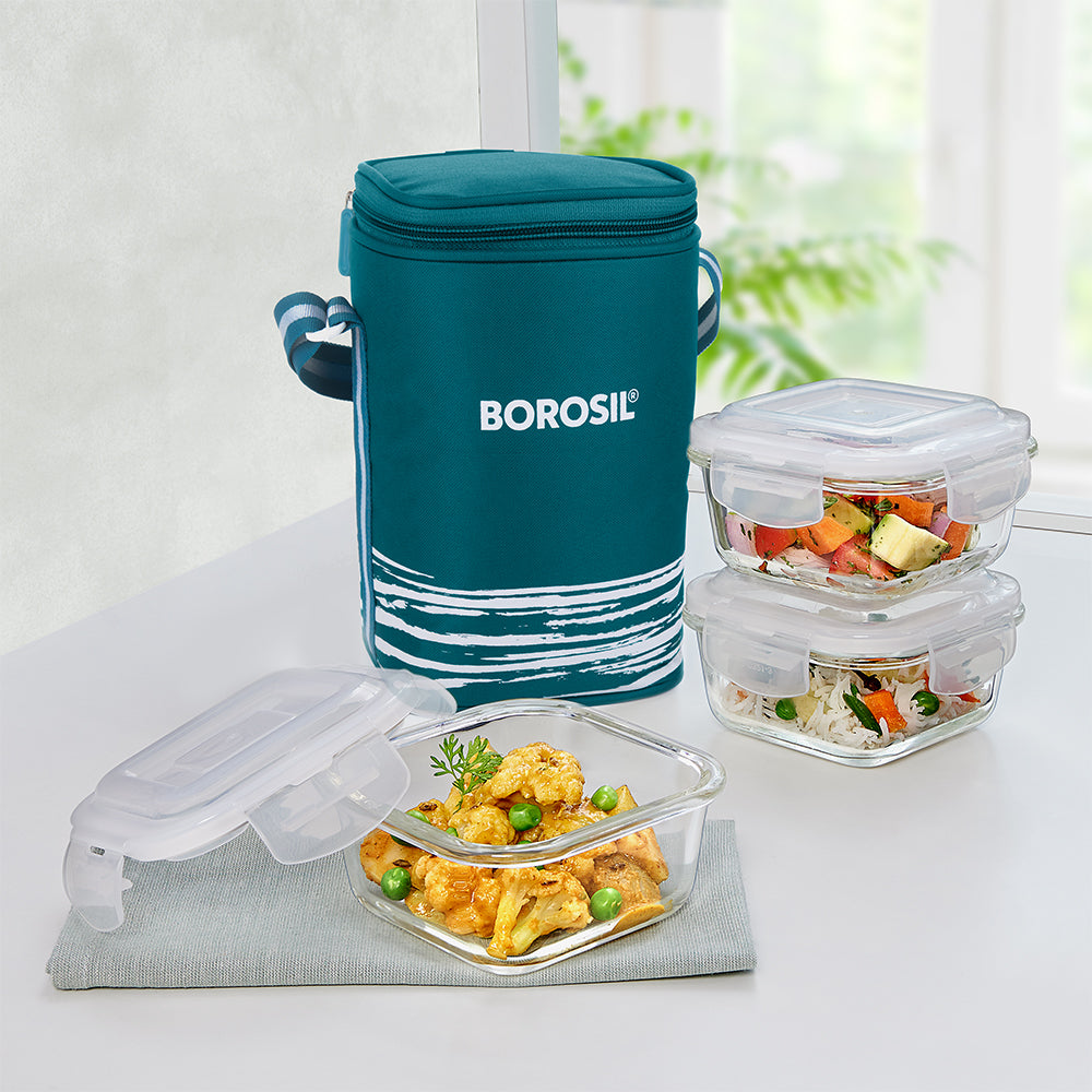 My Borosil Glass Lunchboxes Set of 3, 320ml Steller Glass Lunch Box, Square x 3 (Tall)