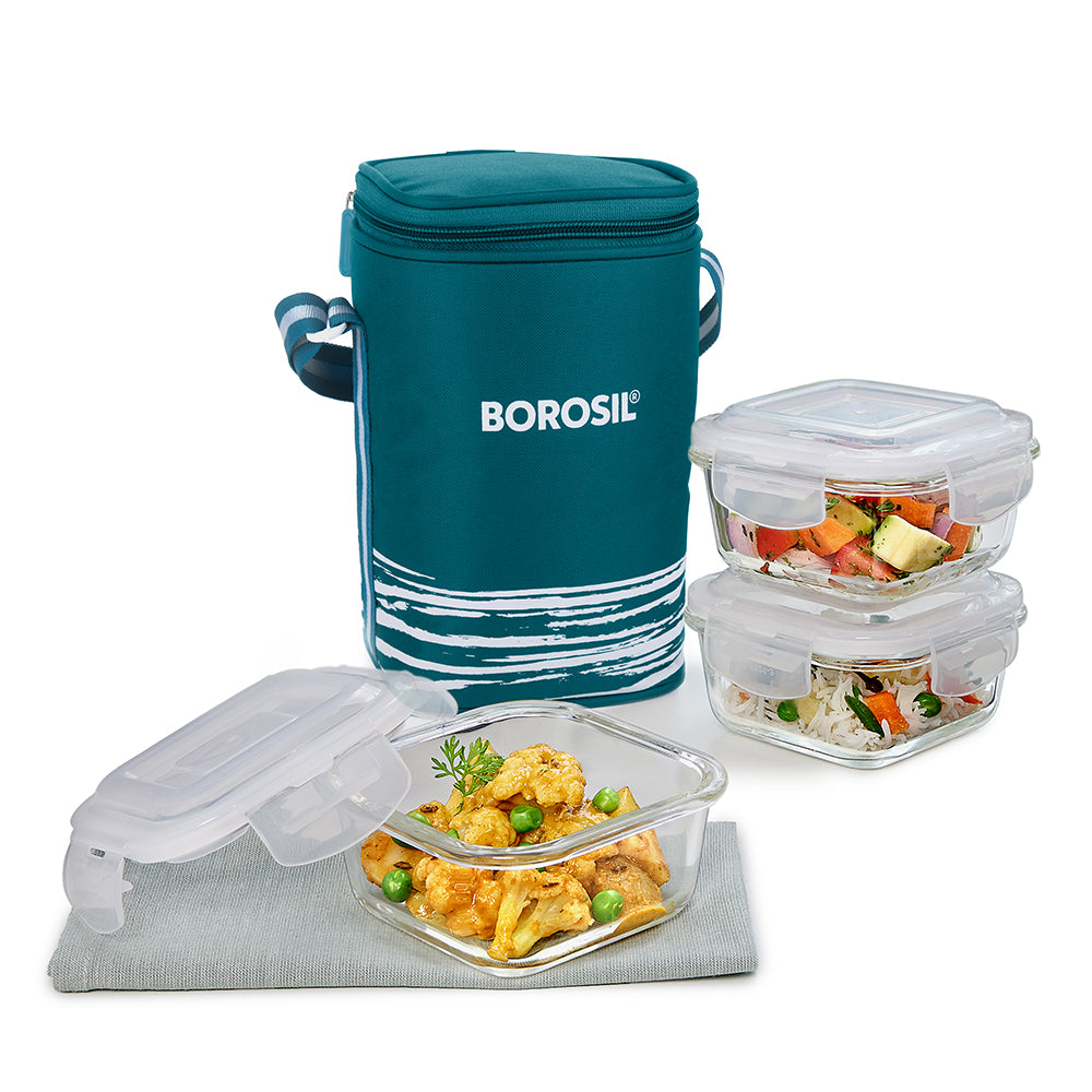 My Borosil Glass Lunchboxes Set of 3, 320ml Steller Glass Lunch Box, Square x 3 (Tall)