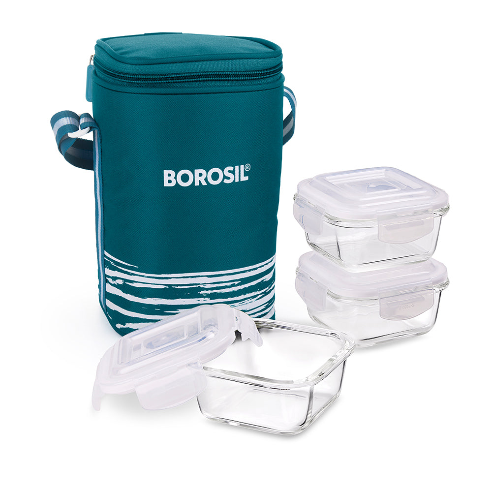 My Borosil Glass Lunchboxes Set of 3, 320ml Steller Glass Lunch Box, Square x 3 (Tall)