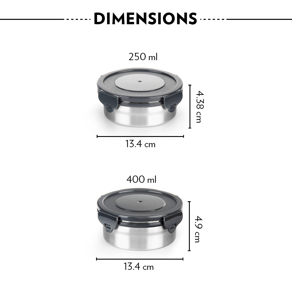 My Borosil Glass Lunchboxes Set of 3 (400 ml x 1, 250 ml x 2) Feast Stainless Steel Lunch Box, Round x 3 (Tall)