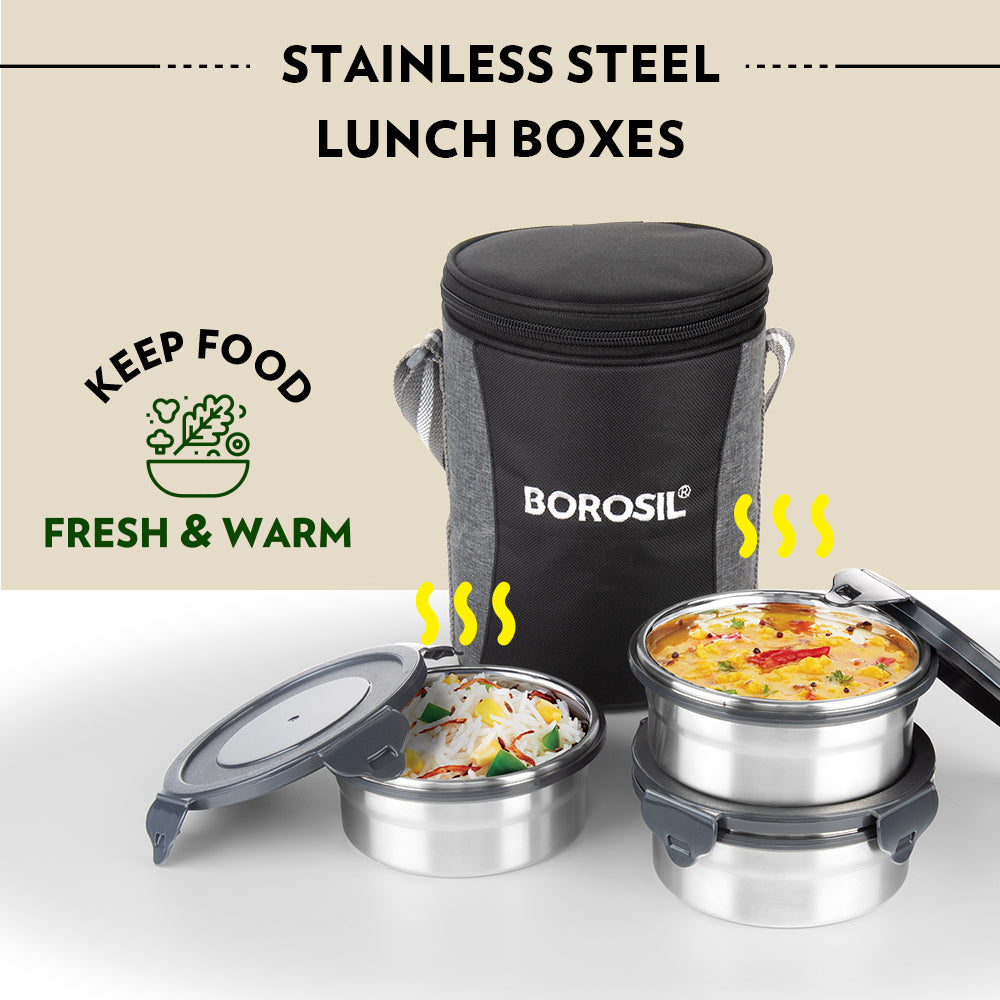 My Borosil Glass Lunchboxes Set of 3 (400 ml x 1, 250 ml x 2) Feast Stainless Steel Lunch Box, Round x 3 (Tall)