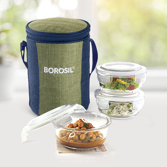 My Borosil Glass Lunchboxes Set of 3, 400ml Ace Green Glass Lunch Box, Round x 3 (Tall)