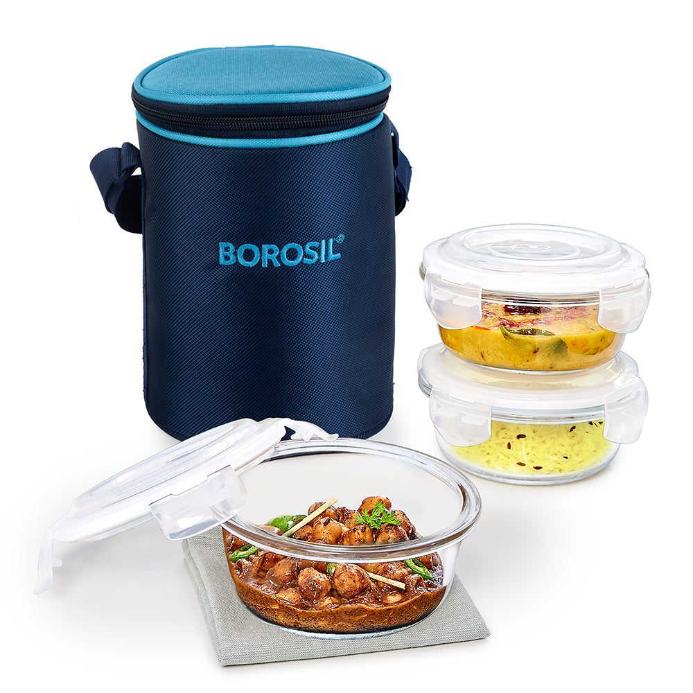 My Borosil Glass Lunchboxes Set of 3, 400ml Alfa Blue Glass Lunch Box, Round x 3 (Tall)